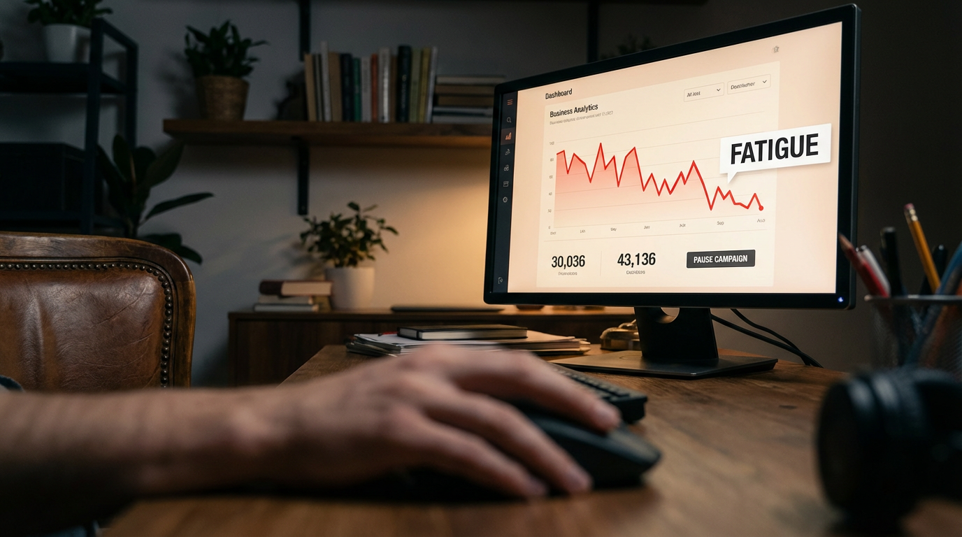 Creative fatigue visualization showing declining ad performance metrics